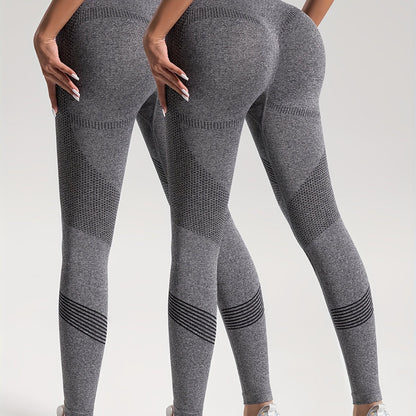 2pcs Solid Color High-Stretch Fitness Yoga Sports Leggings, Soft Breathable Yoga Tight Pants, Women's Activewear
