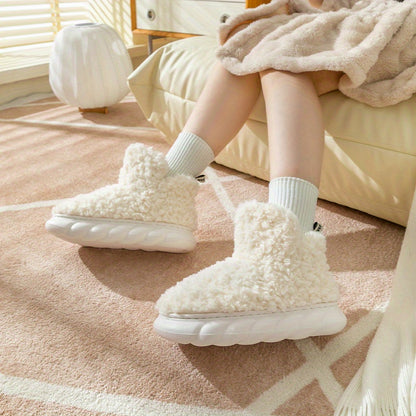 Women's Solid Color Fuzzy Slippers, High-top Round Toe Non-slip Thick Bottom Fluffy Warm Shoes, Winter Cozy Indoor Shoes