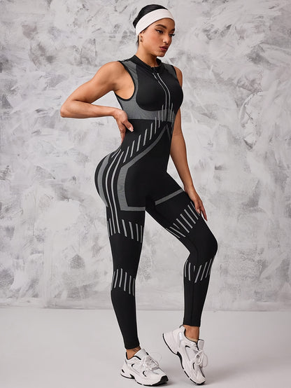 Women's Full-Zip High-Neck Jumpsuit - Seamless Bodysuit with Full-Length Zipper, Striped Leggings & Top, Machine Washable Stretch for,,, Outdoor & Daily Wear - All-Season