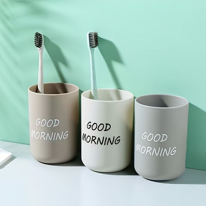 1pc Minimalist Plastic Toothbrush Cup, "Good Morning" Printed Family Bathroom Rinse Mug, Creative Oral Care Cups, Toothbrush Cup