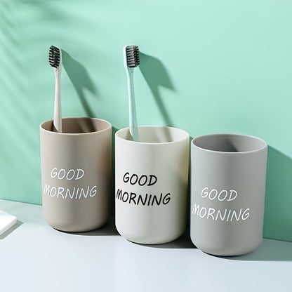 1pc Minimalist Plastic Toothbrush Cup, "Good Morning" Printed Family Bathroom Rinse Mug, Creative Oral Care Cups, Toothbrush Cup