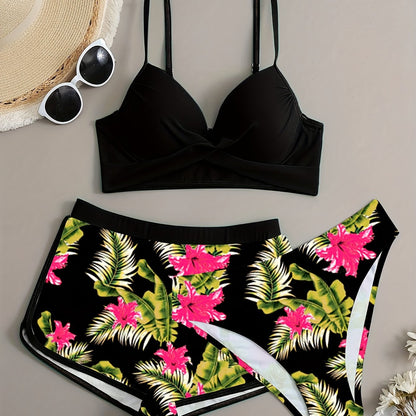 Floral Leaf Print Stretchy 3 Piece Set Swimsuits, Cross Spaghetti Strap Push Up Bikini & Boxer Shorts, Women's Swimwear & Clothing