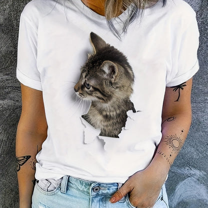 Cute Cat Print T-Shirt, Crew Neck Short Sleeve T-Shirt, Casual Every Day Tops, Women's Clothing