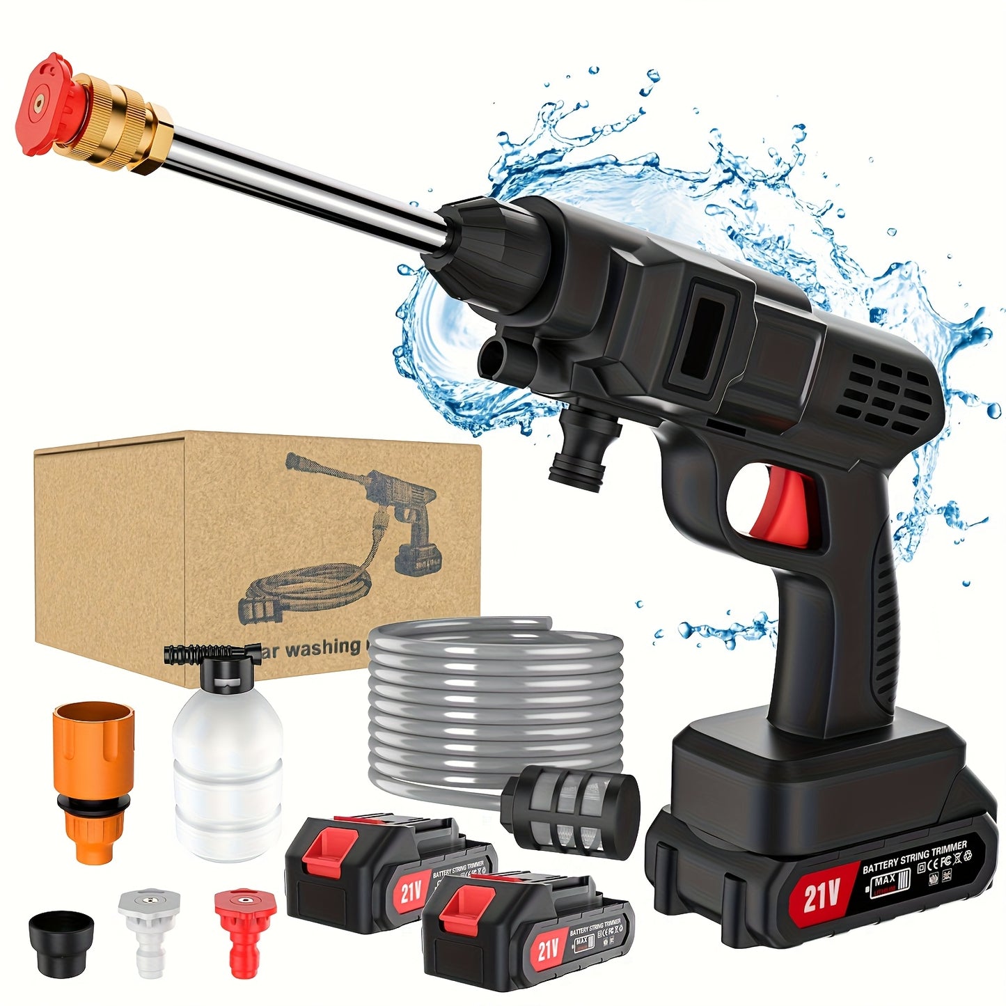 Cordless High Pressure Cleaning Gun Self-priming Continuous Spray Foam Water Gun, 5m Hose & 2 Rechargeable Lithium Battery, 3in 1 Nozzle, Electric Portable Washer Machine, Suitable for Washing Cars, Clean The Garden & Floor A