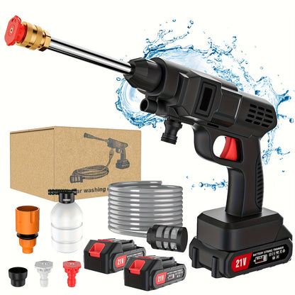 Cordless High Pressure Cleaning Gun Self-priming Continuous Spray Foam Water Gun, 5m Hose & 2 Rechargeable Lithium Battery, 3in 1 Nozzle, Electric Portable Washer Machine, Suitable for Washing Cars, Clean The Garden & Floor A