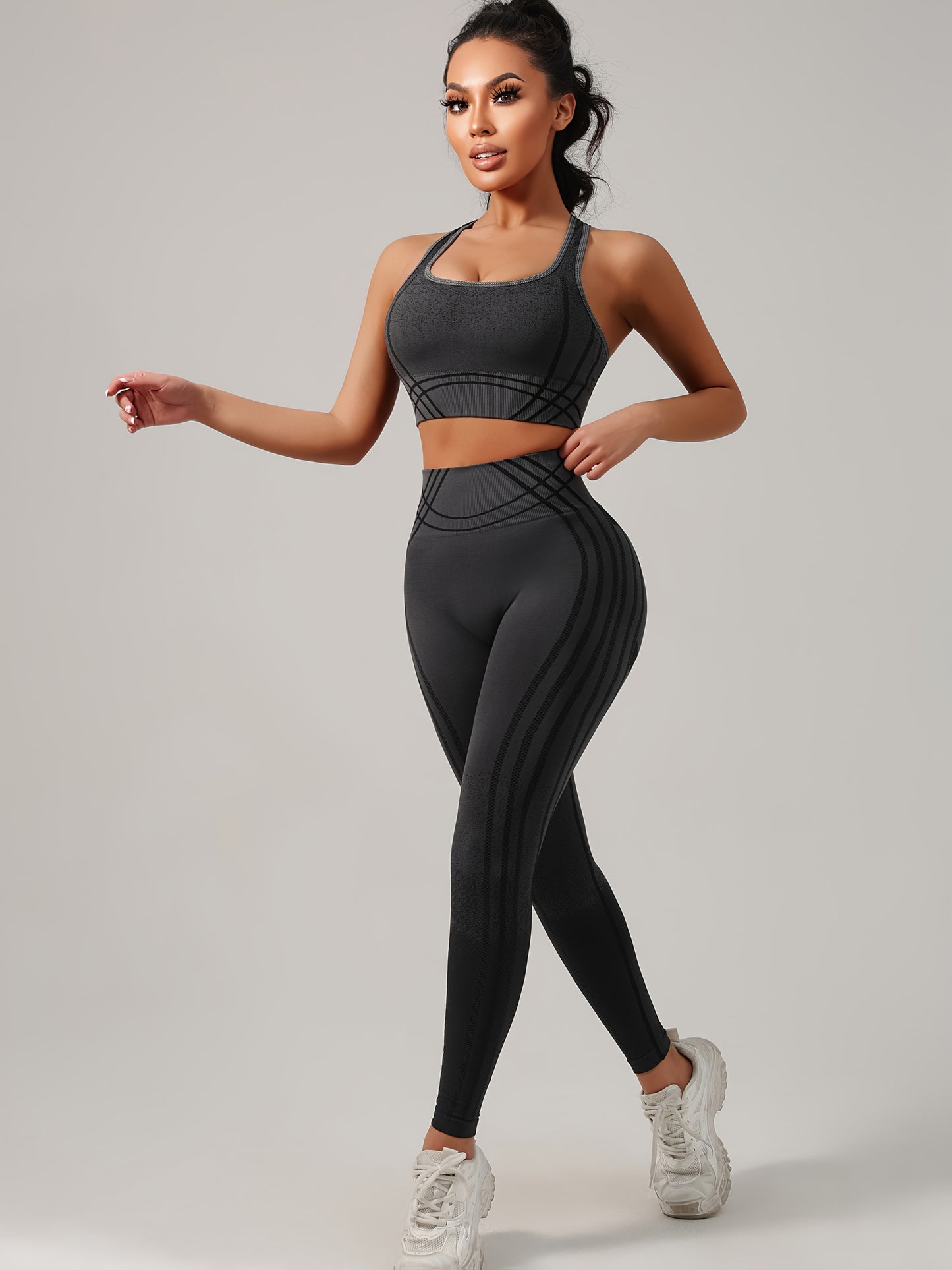 Yoga Sports Long Pants and Vest Set, Solid Color, Rib, High Stretch, Skinny Fit, Long Length, All-Season, for Adult, Sports Occasion, Ribbed Details, Ribbed Fabric