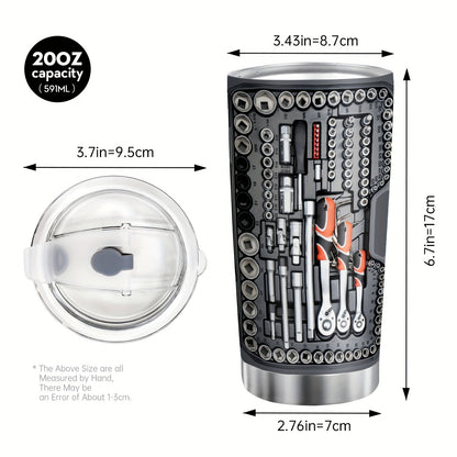 1pc 20oz Vacuum-insulated Coffee Mug, Mechanic Tool Graphic Printed Tumbler With Lid, Stainless Steel Travel Mugs With Lid, Double Wall Cups For Cold & Hot Drinks