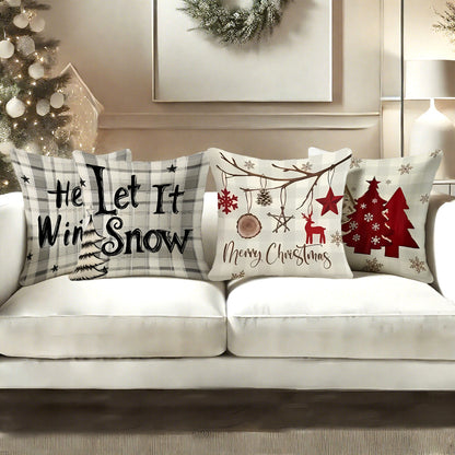 4pcs Christmas Themed Pillow Covers with Winter Elements like Christmas Trees, Snowflakes, and Reindeer - Festive Holiday Decorative Cushion Covers for Home, Car, Bed, Sofa, Office - Zipper Closure, Machine Washable, Polyeste