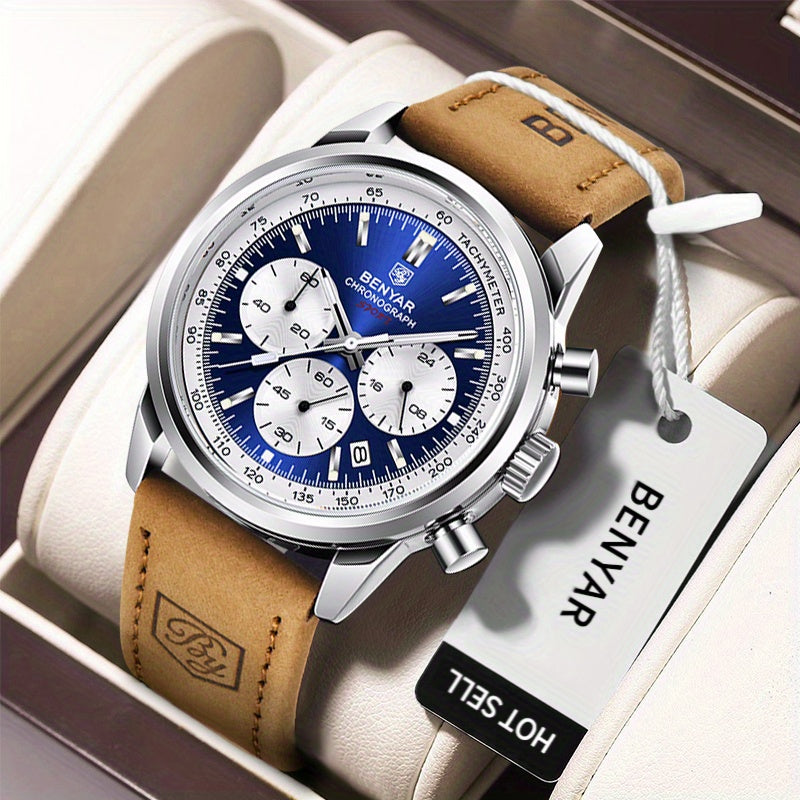 Relógio BENYAR para homem, marca de alta qualidade, desportivo, multifunções, cronógrafo, quartzo, preto, elegante, com calendário e bracelete em pele.