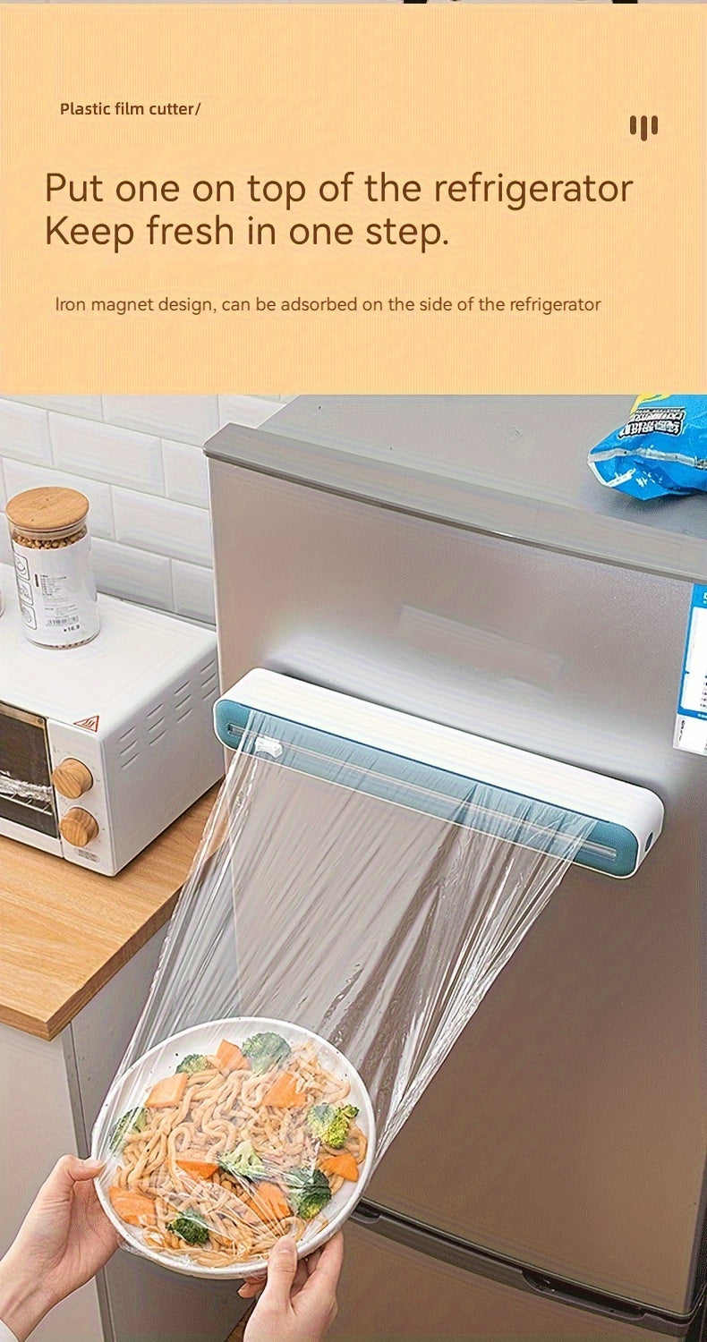1pc Plastic Film Cutter, Fresh Film Cutter Dispenser, Refrigerator Magnetic Plastic Film Universal Cutting Box, Magnetic Refillable Plastic Packaging Dispenser With Cutter, Kitchen Tin Paper Cutting, Kitchen Tools
