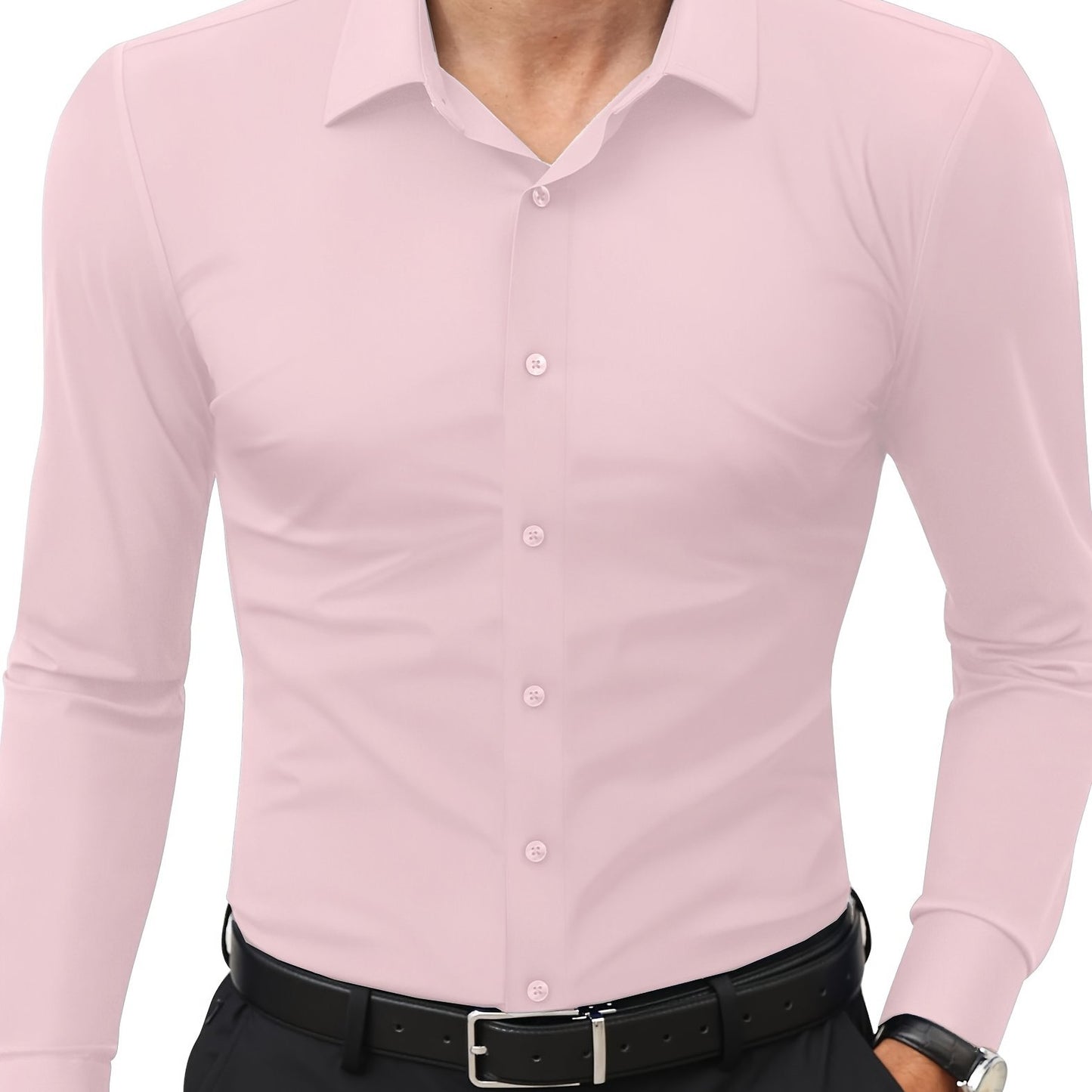 Men'S Slim Fit Long Sleeve Shirt - 55% Cotton, 40% Polyester, 5% Spandex, Solid Color, All-Season, Woven Fabric, Button-Up, Lapel Collar, Casual Weekend Wear, 125g/m²