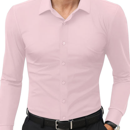Men'S Slim Fit Long Sleeve Shirt - 55% Cotton, 40% Polyester, 5% Spandex, Solid Color, All-Season, Woven Fabric, Button-Up, Lapel Collar, Casual Weekend Wear, 125g/m²