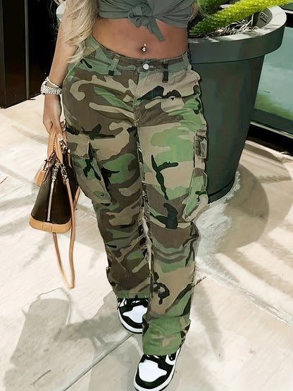 Calças de ganga cargo direitas de cintura subida com estampado camuflado, tecido médio elástico, bolso lateral com pala, cintura subida, calças de ganga femininas e roupa.
