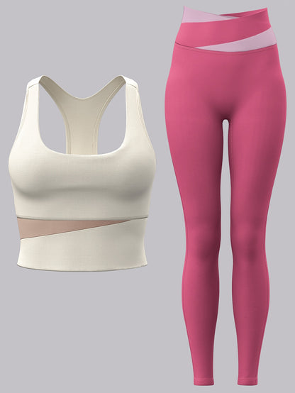 2pcs Women'S Sports Set with Sports Bra and Leggings, Color Block Design Suitable for Cycling, Fitness, Yoga, Running