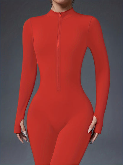 Women's Full-Length Zipper Jumpsuit - Full-Body Compression-like Fit (Tummy Control) - High-Elasticity Slim-Fit Long Sleeve Athleisure Suit for,, Dance - All-Season Outfit ( swear) - Easy-Care (No Bulk) -