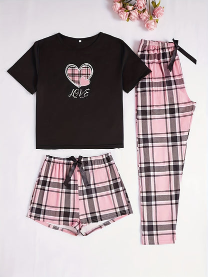 3pcs Casual Women'S Pink Heart Plaid Pajama Set with Round Neck And Plaid Pattern for Adults in Polyester
