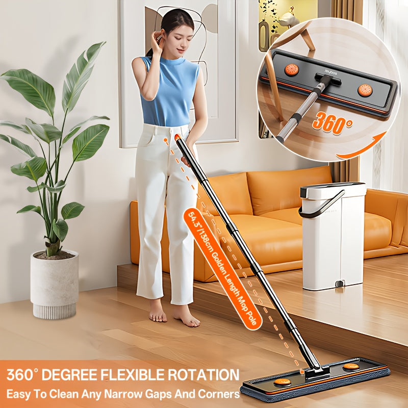 Large Flat Mop And Bucket Set with Wringer, Hands Free Commercial Floor Mop And Bucket for Deep Cleaning, Wet And Dry Use, Wash&Dry Dual Tank, with 2 Reusable Microfiber Pads, Space-Saving Design for Hardwood, Tile, Laminate