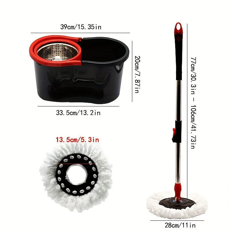 Spin mop and bucket, 360° spin mop, dust removal tool integrated soak and rinse function, with 2 microfiber mop heads, hands-free wash mop, retractable stainless steel handle, for floor cleaning, cleaning supplies
