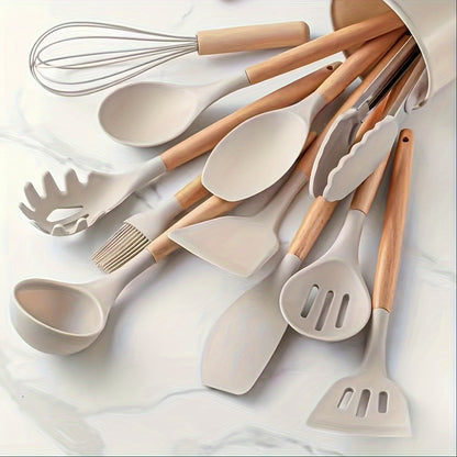 12pcs, Silicone Utensil Set, Khaki Kitchen Utensil Set With Wooden Handle, Safety Cooking Utensils Set, Non-Stick Kitchen Tools Set, Washable Modern Cookware, Kitchen Stuff, Kitchen Gadgets Kitchen Accessories