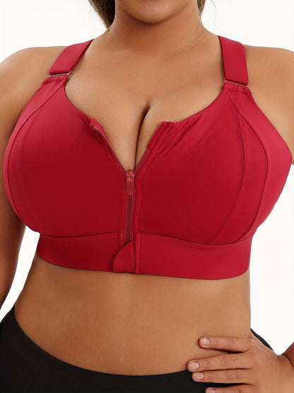Women'S Plus Size High-Elasticity Sports Bra with Zipper - Blue, Non-Removable Padding, Adjustable Shoulder Straps, Ideal for Yoga & Pilates, Plus Size Yoga Apparel|Sleek Bralette|Comfortable Fit, Plus Size Yoga Apparel