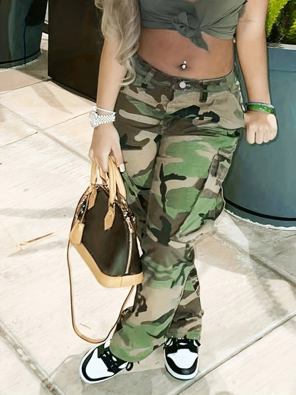 Calças de ganga cargo direitas de cintura subida com estampado camuflado, tecido médio elástico, bolso lateral com pala, cintura subida, calças de ganga femininas e roupa.