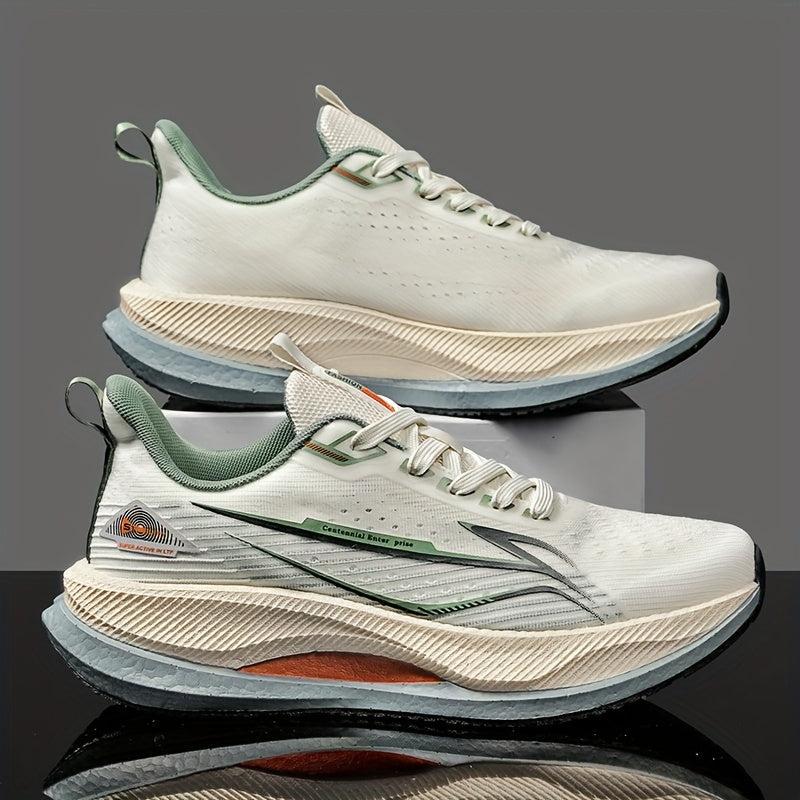 Men's All-Season Running Shoes - Breathable Knit Gym Sneakers with Cushioned MD Sole, Non-Slip Grip - Lightweight Sneakers for Marathon, Training, Everyday - White/Green/Orange Accent - Lace-Up Closure, Marathon Footwear, Geo