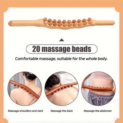 Double Row 20 Beads Carbonized Massage Stick - High Quality Wooden Meridian Roller, Suitable for the Whole Body, Professional Abdominal Gua Sha Tool, Health Care Massage Tool, Suitable for Waist/Abdomen/Legs/Hands/Back Body S