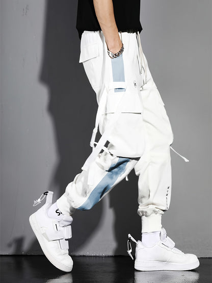 Multi-pocket Ribbon Design, Men's Color Block Cargo, Trendy Comfy Jogger Pants