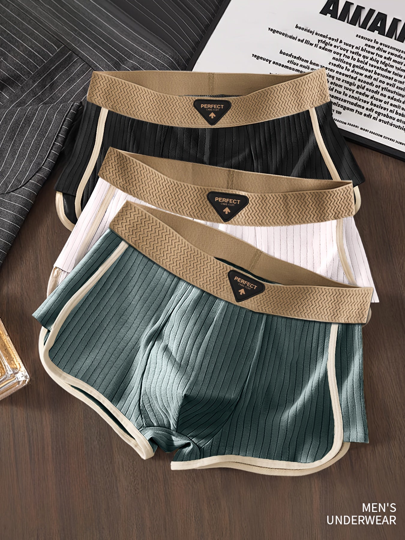 3pcs Men'S Boxer Briefs - Breathable, Comfortable, Stretchy Ribbed Striped Underwear in, Green, and, Perfect for Casual Attire or Sports, Comfortable Underwear | Ribbed Texture | Medium Elasticity