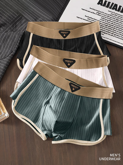 3pcs Men'S Boxer Briefs - Breathable, Comfortable, Stretchy Ribbed Striped Underwear in, Green, and, Perfect for Casual Attire or Sports, Comfortable Underwear | Ribbed Texture | Medium Elasticity