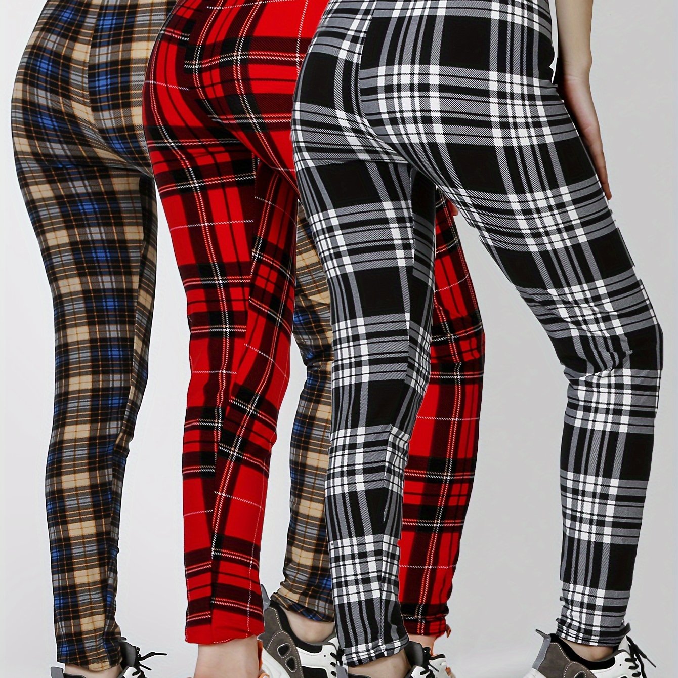 3 Packs Women'S Soft & Stretchy Tight Leggings - Black, White, and Red Plaid Patterns, High Waist, Elastic Waistband, Crop Length, Perfect for Fitness, and Casual Weekend Wear, Casual Wear Leggings|Plaid Pattern Leggings|Stre