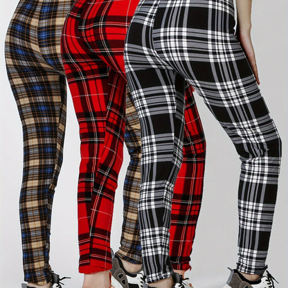 3 Packs Women'S Soft & Stretchy Tight Leggings - Black, White, and Red Plaid Patterns, High Waist, Elastic Waistband, Crop Length, Perfect for Fitness, and Casual Weekend Wear, Casual Wear Leggings|Plaid Pattern Leggings|Stre