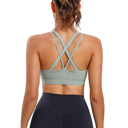 LEOQ Women's Slim Fit Yoga Sports Bra - Elegant Cross-Back Design, Mint Green Nylon Spandex Blend, Removable Pads, Medium Support for Fitness & Yoga, LEOQ