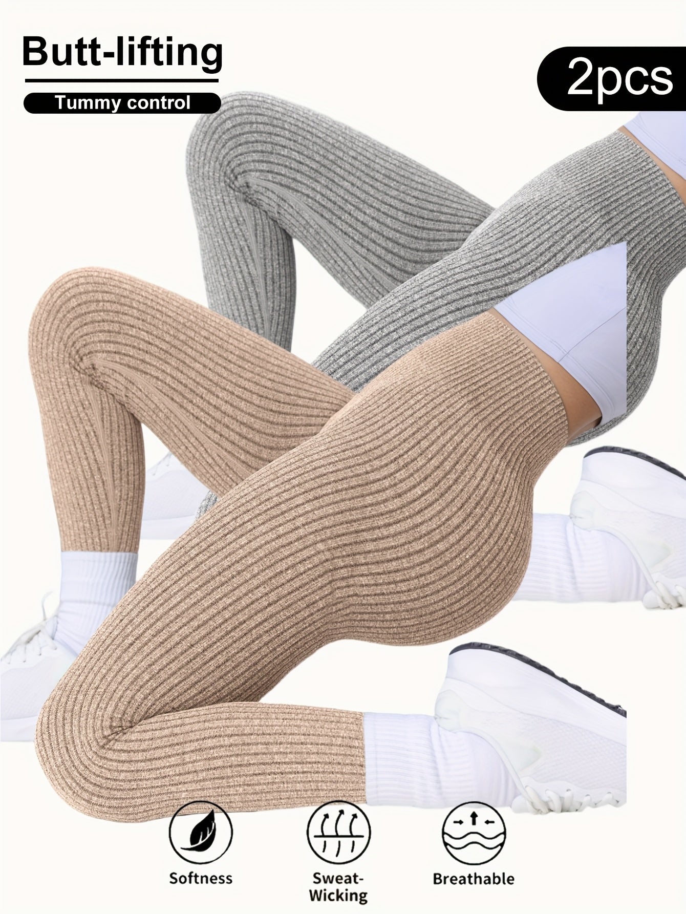 2pcs Women'S High-Waisted Yoga Leggings - Seamless Ribbed Texture, Tummy Control & Butt-Lifting, Breathable & Moisture-Wicking, 7/8 Length for Gym, Outdoor & Casual Wear - All-Season Stretchy Workout Pants, Yoga Pants, Gym Ap