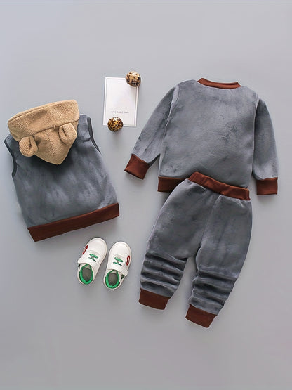 Boy's Thermal Velvet Outfit 3pcs, Bear Patchwork Sweatshirt & Hooded Vest & Jogger Pants Set, Toddler Kid's Clothes For Spring Fall Winter Daily & Outdoor Wear