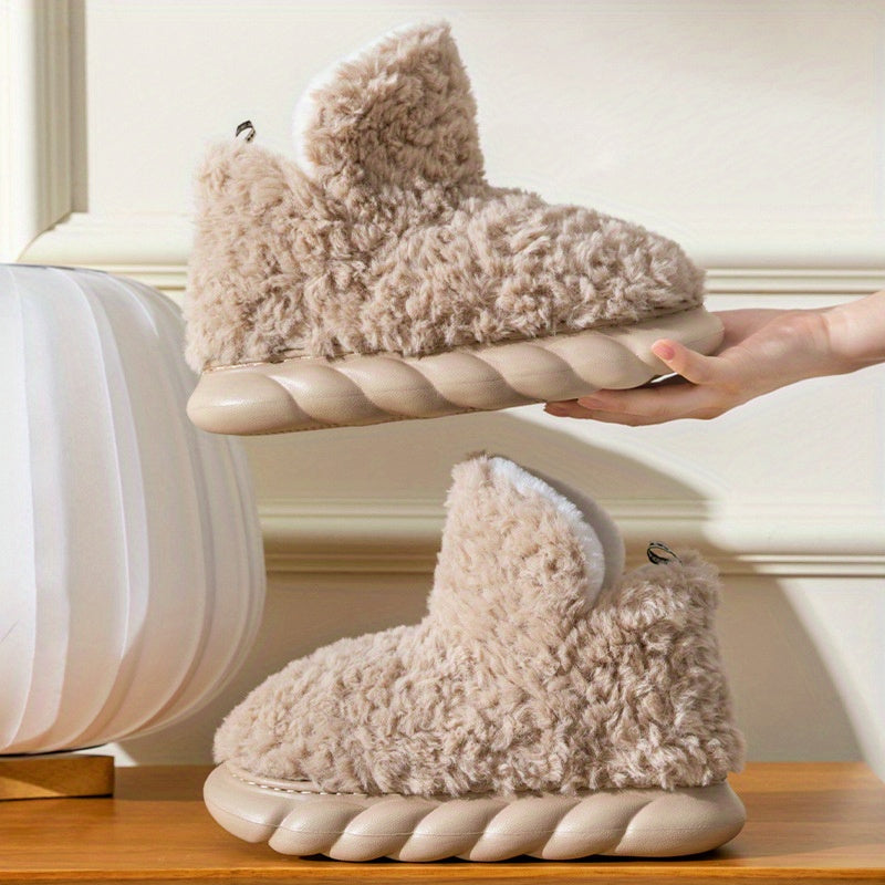 Women's Solid Color Fuzzy Slippers, High-top Round Toe Non-slip Thick Bottom Fluffy Warm Shoes, Winter Cozy Indoor Shoes