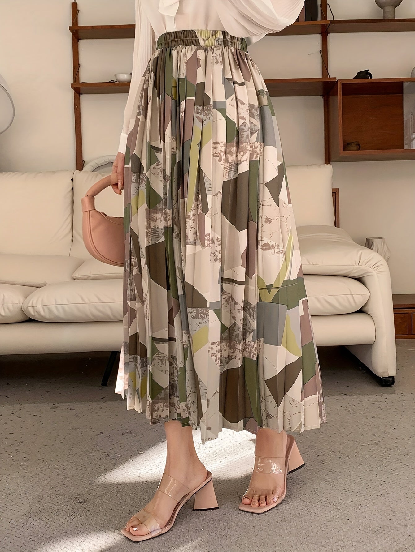 Saia midi plissada com estampado geométrico elegante para mulher - Versátil, moderna, em tecido de poliéster sem elasticidade, lavável à máquina - Perfeita para todas as estações | Barra assimétrica | Caimento confortável