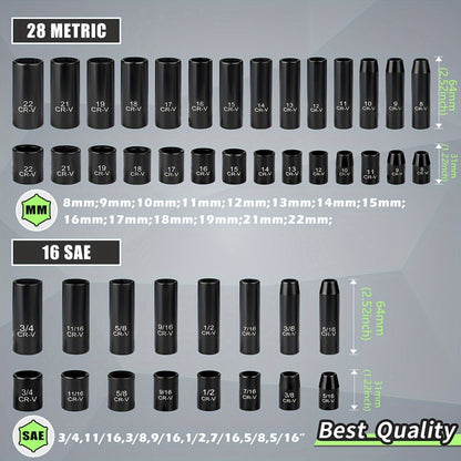 3/8" Drive Impact Socket Set, 6 Point 50pcs Standard Metric (8-22mm) & SAE (5/16-3/4-Inch) CR-V Steel Sockets with Adapters & Ratchet Handle, Nice Gifts