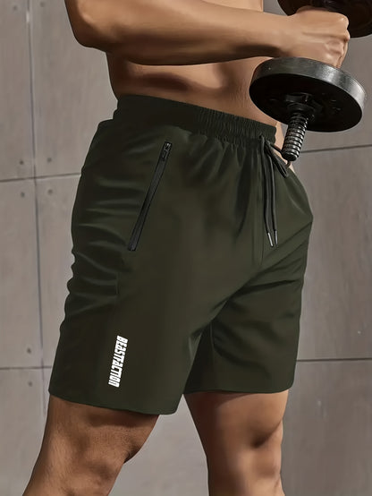 A Pair of Men'S Casual And Minimalist Style Comfortable Shorts, Featuring Letter Print Pockets And Drawstrings, Suitable for Summer Outdoor Fitness Wear, Quick-Drying Comfortable Shorts with Slightly Stretchy Elastic Waistban