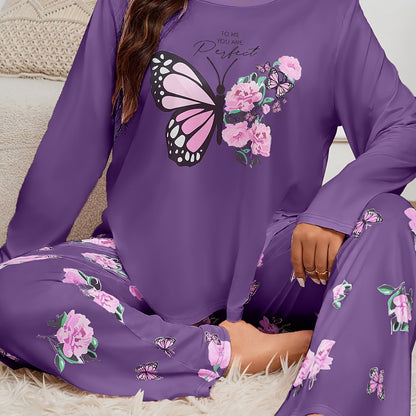 Adult Butterfly Print Pajama Set - Casual Spring/Fall Polyester Knit Fabric, Elasticity, Long Sleeve Pants, Home Pajama Set for Adults