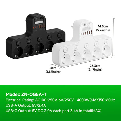 European Wall Power Strip with 5 AC Outlets & 3 USB-A/3 USB-C Ports, Smart Power Strip with Individual Switches, Overload Protection, 3 Lighting Modes & Auto On/Off Timer, EU Plug (220V) for Home, Office, Dorm - Space-Saving