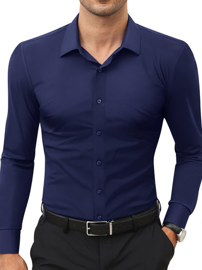 Men'S Slim Fit Long Sleeve Shirt - 55% Cotton, 40% Polyester, 5% Spandex, Solid Color, All-Season, Woven Fabric, Button-Up, Lapel Collar, Casual Weekend Wear, 125g/m²