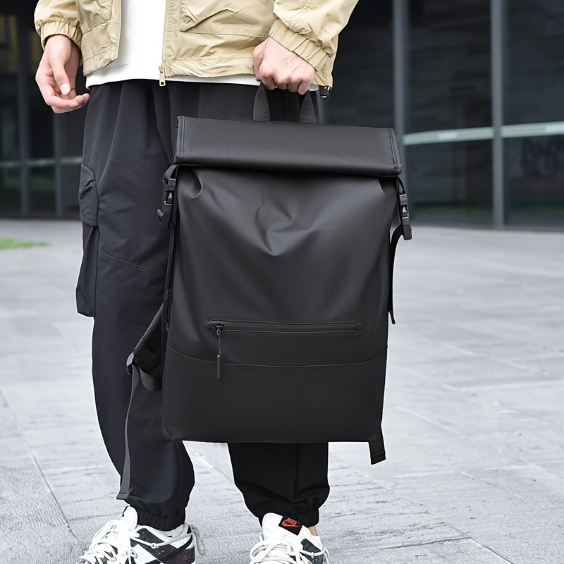 Mochila elegante com fecho de enrolar e compartimento para portátil - Tecido Oxford resistente, alças ajustáveis ​​e fecho de correr para aventuras ao ar livre.