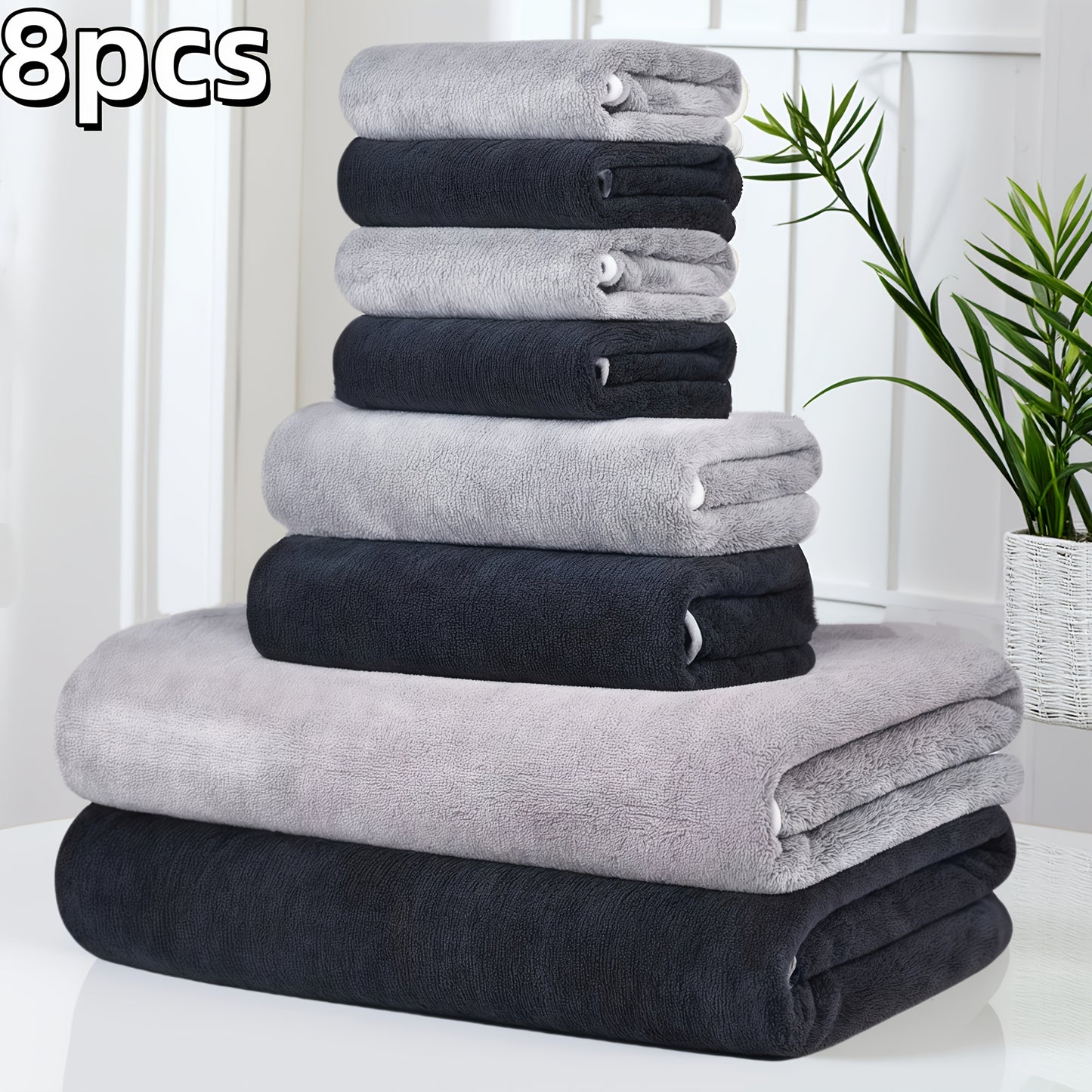 8-Pack Ultra-Soft Coral Fleece Bath Towel Set, 2 Bath Towels 69.85 X 139.7 cm, 2 Hand Towels 34.8 X 74.93 cm, 4 Square Towels 29.97 X 29.97 cm, Quick-Drying, Highly Absorbent And Lightweight, Gentle Camping Towels