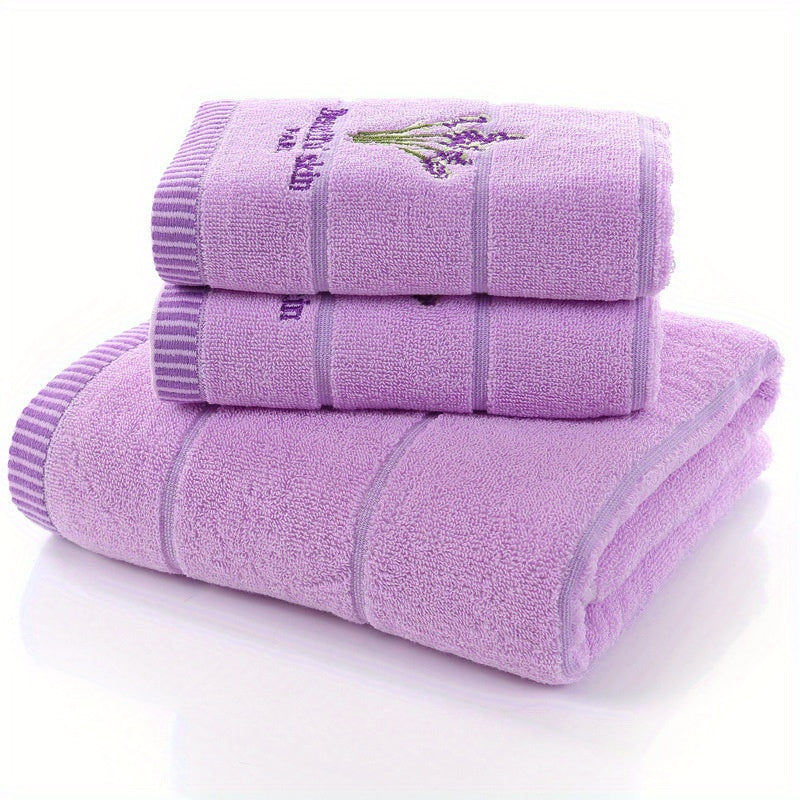 3pcs Lavender Pattern Towels Set, Including Bath Towel 70.0*140.0cm, 2 Face Towels 34.01*73.99cm, Bathroom Comfortable Soft Fabric Towels, Bathroom Supplies