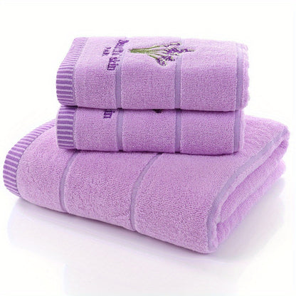 3pcs Lavender Pattern Towels Set, Including Bath Towel 70.0*140.0cm, 2 Face Towels 34.01*73.99cm, Bathroom Comfortable Soft Fabric Towels, Bathroom Supplies