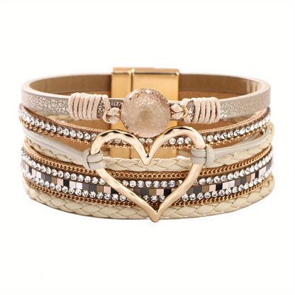 Bohemian Multi-layer Leather Bracelet Hand-woven Bracelet Golden Big Heart Ladies Fashion Bracelet