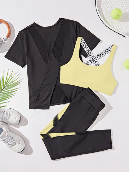 3pcs Women's Yoga Set in Black & Purple - High-Stretch, Sleeveless Sports Bra with Crisscross Straps, Short Sleeve Top & Leggings - Polyester & Elastane Blend, Machine Washable