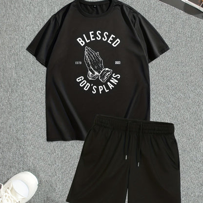 Men's Street Style Summer 2PCS Outfits, Male's Trend TRUST Graphic Short-sleeve Crew Neck T-shirt Drawstring Shorts Set, Casual Clothes For Men