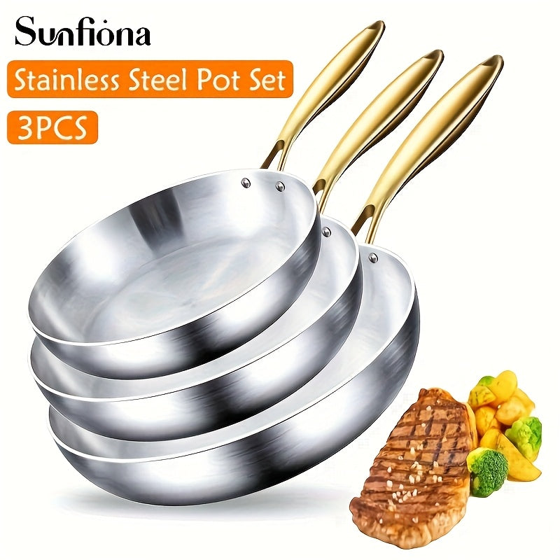 Sunfiona Tri-Ply Stainless Steel Frying Pan Set of 3,21.84/23.88/25.91/27.94/29.97cm Chef's Pans,Skillets,Induction Cookware,Pots and Pans Set,Dishwasher and Oven Safe